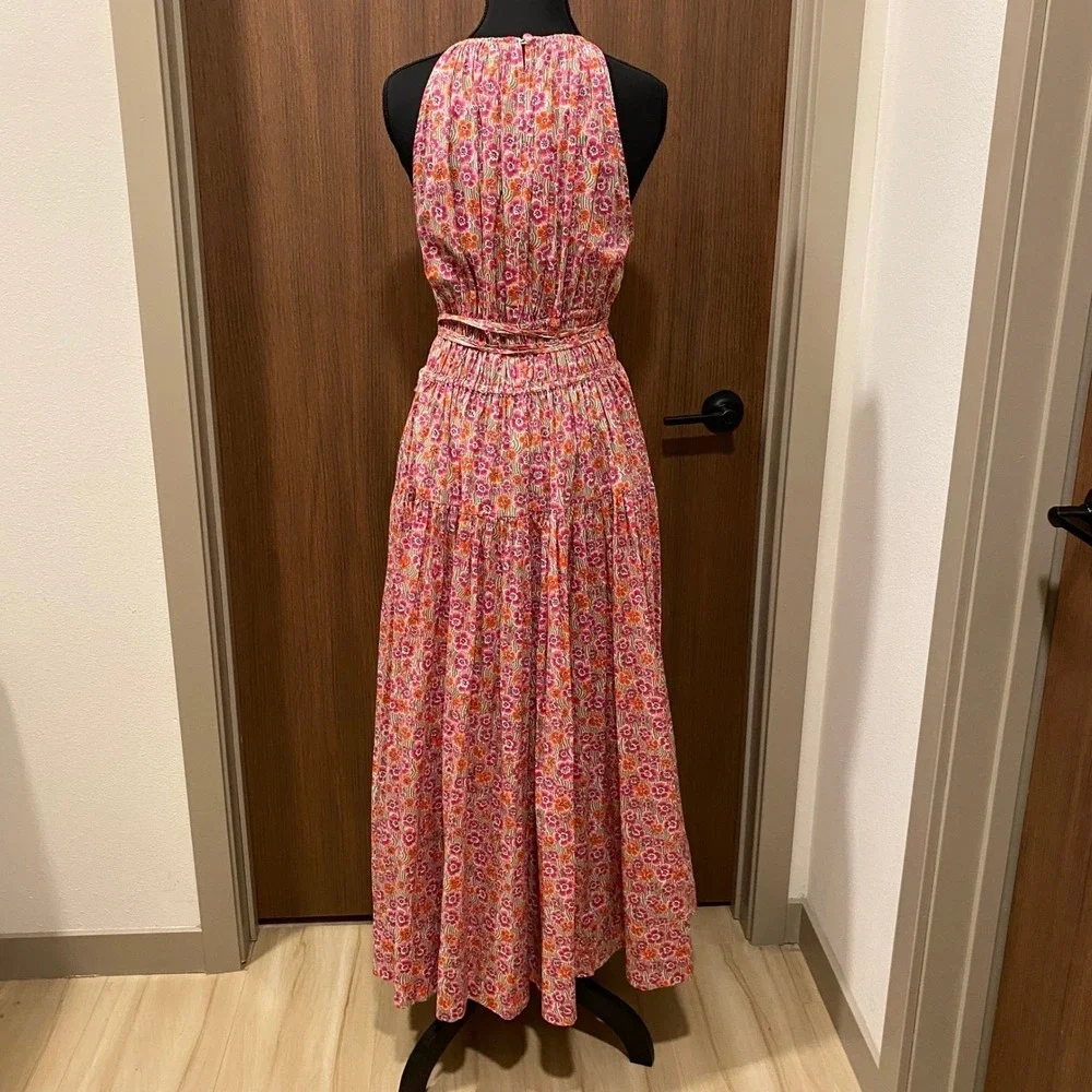 J. CREW Pink Floral Tie-Waist Halter Midi Dress L Liberty Ellie Organic Cotton